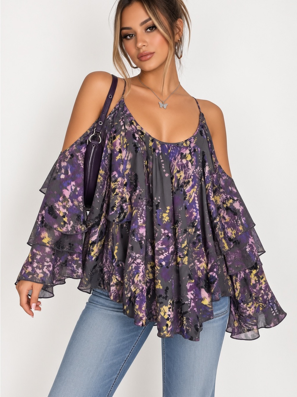 Parker Y2K Purple Floral Cold Shoulder Tiered Ruffle Blouse Size S